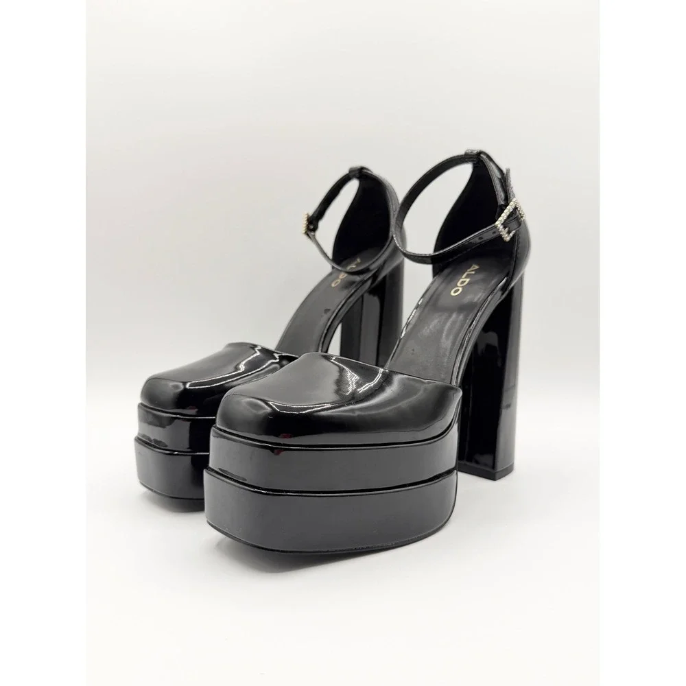 Aldo Grandle Black Patent Double Platform Mary Jane Pumps Block Heel Y2K 7.5